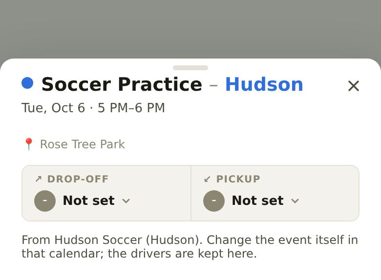 An imported event's card: Soccer Practice for Hudson, Tuesday 5 to 6 PM at Rose Tree Park, with Drop-Off and Pickup menus, both Not set.