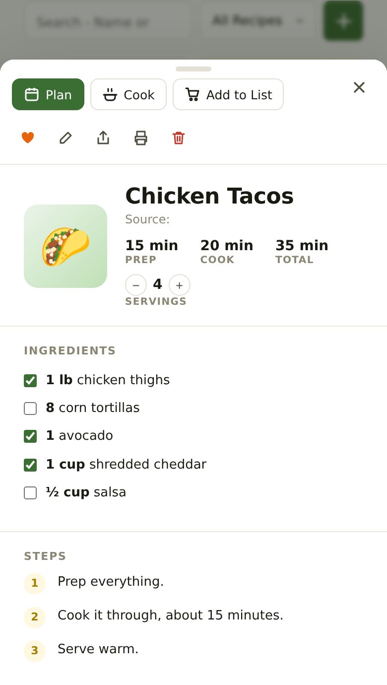 A recipe card for Chicken Tacos: Plan, Cook and Add to List buttons, prep and cook times, servings, and ingredients with green ticks for the ones in the pantry.