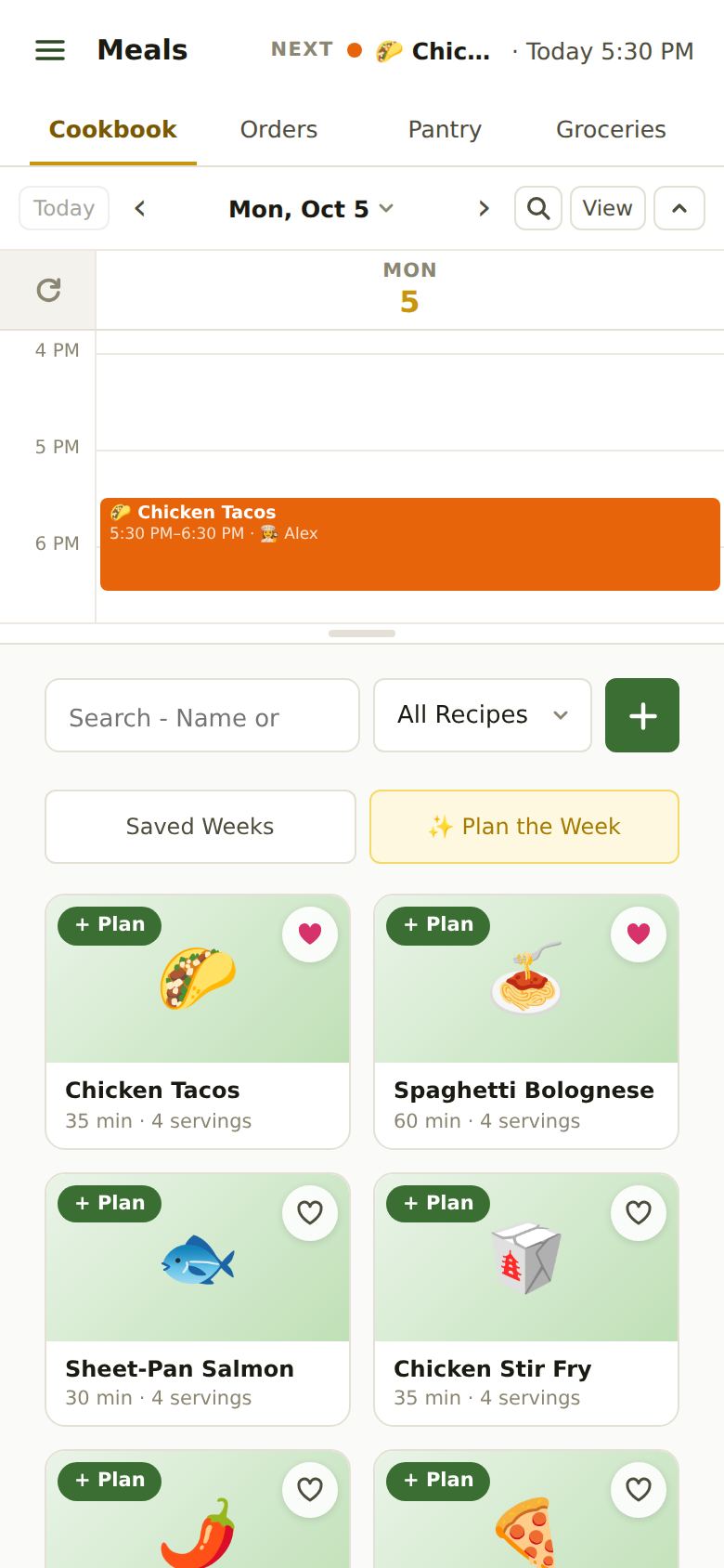 The calendar's day view showing Chicken Tacos from 5:30 to 6:30 PM, with Alex as the cook, above the recipe list.