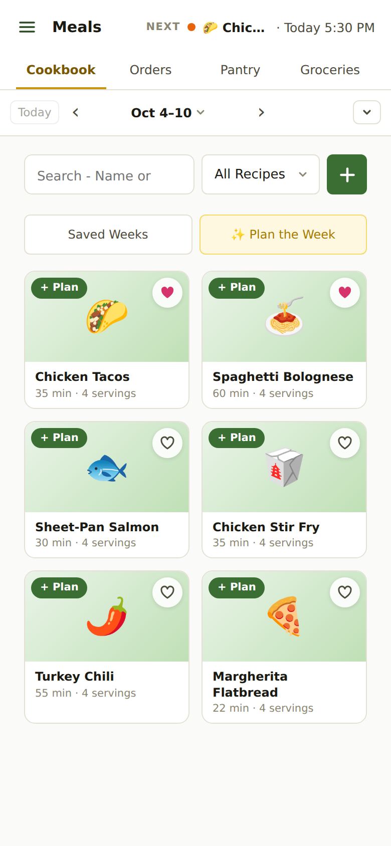 The Cookbook on a phone: a search box, the All Recipes menu, a green + button, then recipe cards in two columns, each with + Plan and a heart.