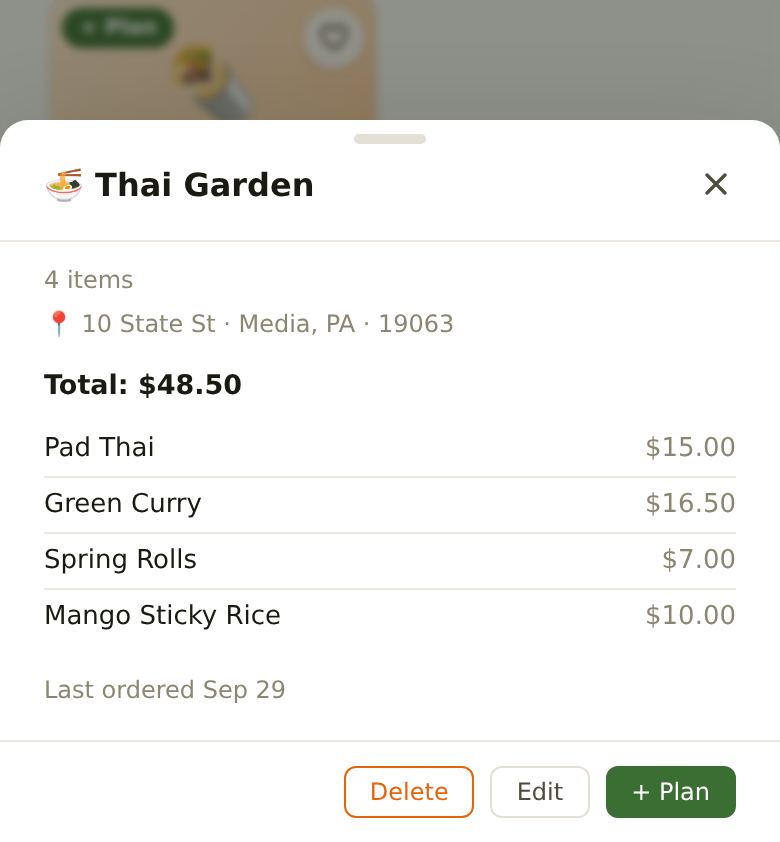 Thai Garden's card: 4 items with prices, the address, the total of $48.50, and Delete, Edit and + Plan buttons.