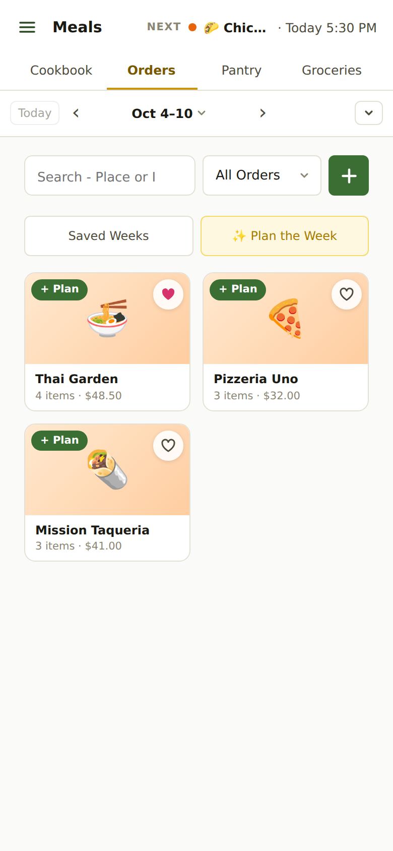 Orders on a phone: a search box, the All Orders menu, a green + button, then cards for Thai Garden, Pizzeria Uno and Mission Taqueria with the number of items and the total.